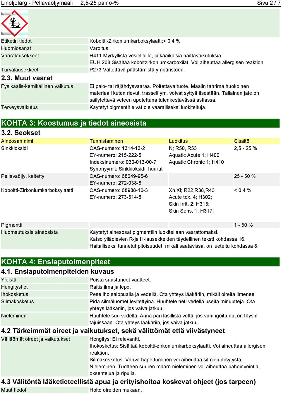 Vältettävä päästämistä ympäristöön. 2.3. Muut vaarat Fysikaalis-kemikallinen vaikutus Terveysvaikutus Ei palo- tai räjähdysvaaraa. Poltettava tuote.