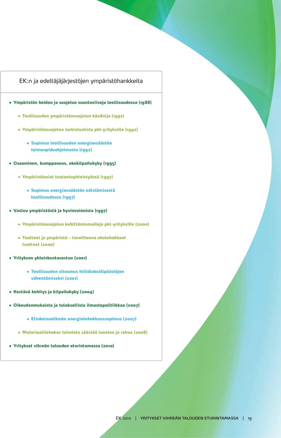 energiansäästön edistämisestä teollisuudessa (1997) Vastuu ympäristöstä ja hyvinvoinnista (1997) Ympäristönsuojelun kehittämismalleja pkt-yrityksille (2000) Tuotteet ja ympäristö tavoitteena