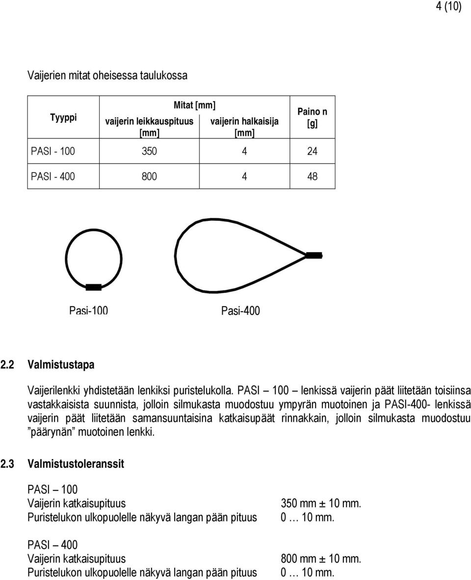 PASI 100 lenkissä vaijerin päät liitetään toisiinsa vastakkaisista suunnista, jolloin silmukasta muodostuu ympyrän muotoinen ja PASI-400- lenkissä vaijerin päät liitetään samansuuntaisina