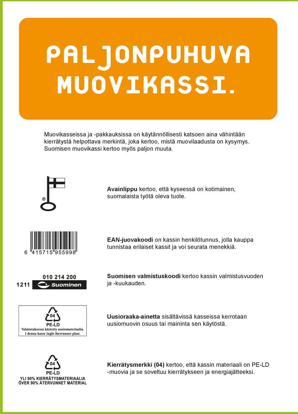 Suomisen muovikassi kertoo myös paljon muuta. Avainlippu kertoo, että kyseessä on kotimainen, suomalaista työtä oleva tuote.