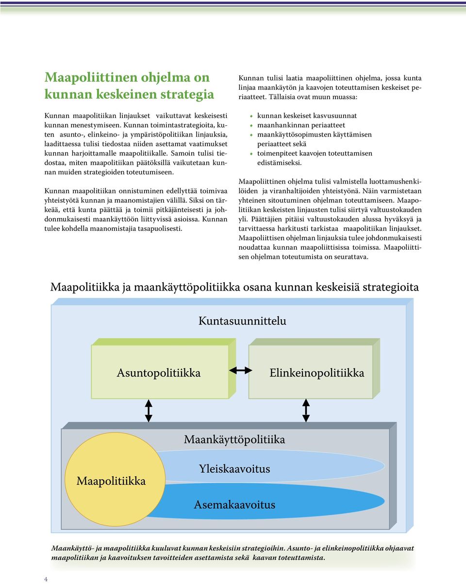 Samoin tulisi tiedostaa, miten maapolitiikan päätöksillä vaikutetaan kunnan muiden strategioiden toteutumiseen.