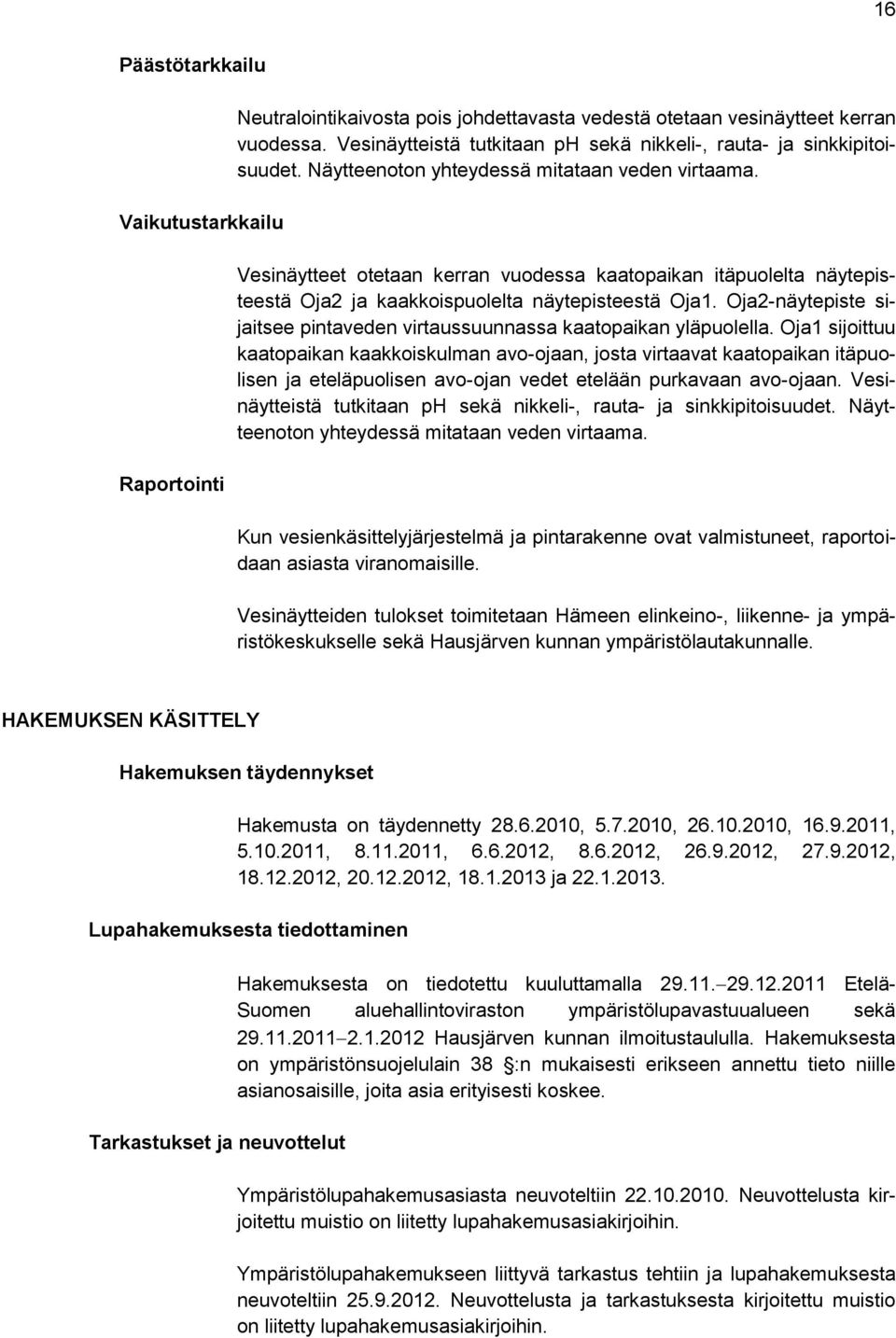 Vesinäytteet otetaan kerran vuodessa kaatopaikan itäpuolelta näytepisteestä Oja2 ja kaakkoispuolelta näytepisteestä Oja1. Oja2-näytepiste sijaitsee pintaveden virtaussuunnassa kaatopaikan yläpuolella.