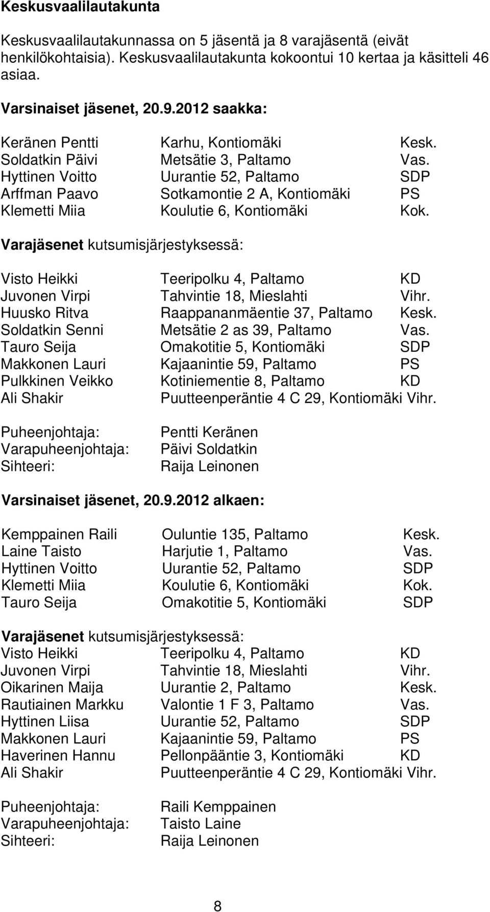 Hyttinen Voitto Uurantie 52, Paltamo SDP Arffman Paavo Sotkamontie 2 A, Kontiomäki PS Klemetti Miia Koulutie 6, Kontiomäki Kok.