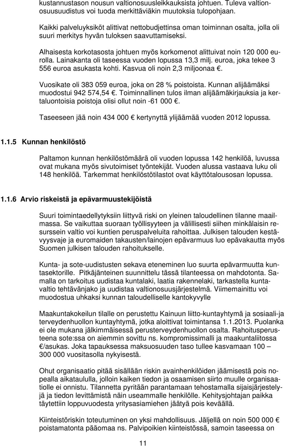 Alhaisesta korkotasosta johtuen myös korkomenot alittuivat noin 120 000 eurolla. Lainakanta oli taseessa vuoden lopussa 13,3 milj. euroa, joka tekee 3 556 euroa asukasta kohti.