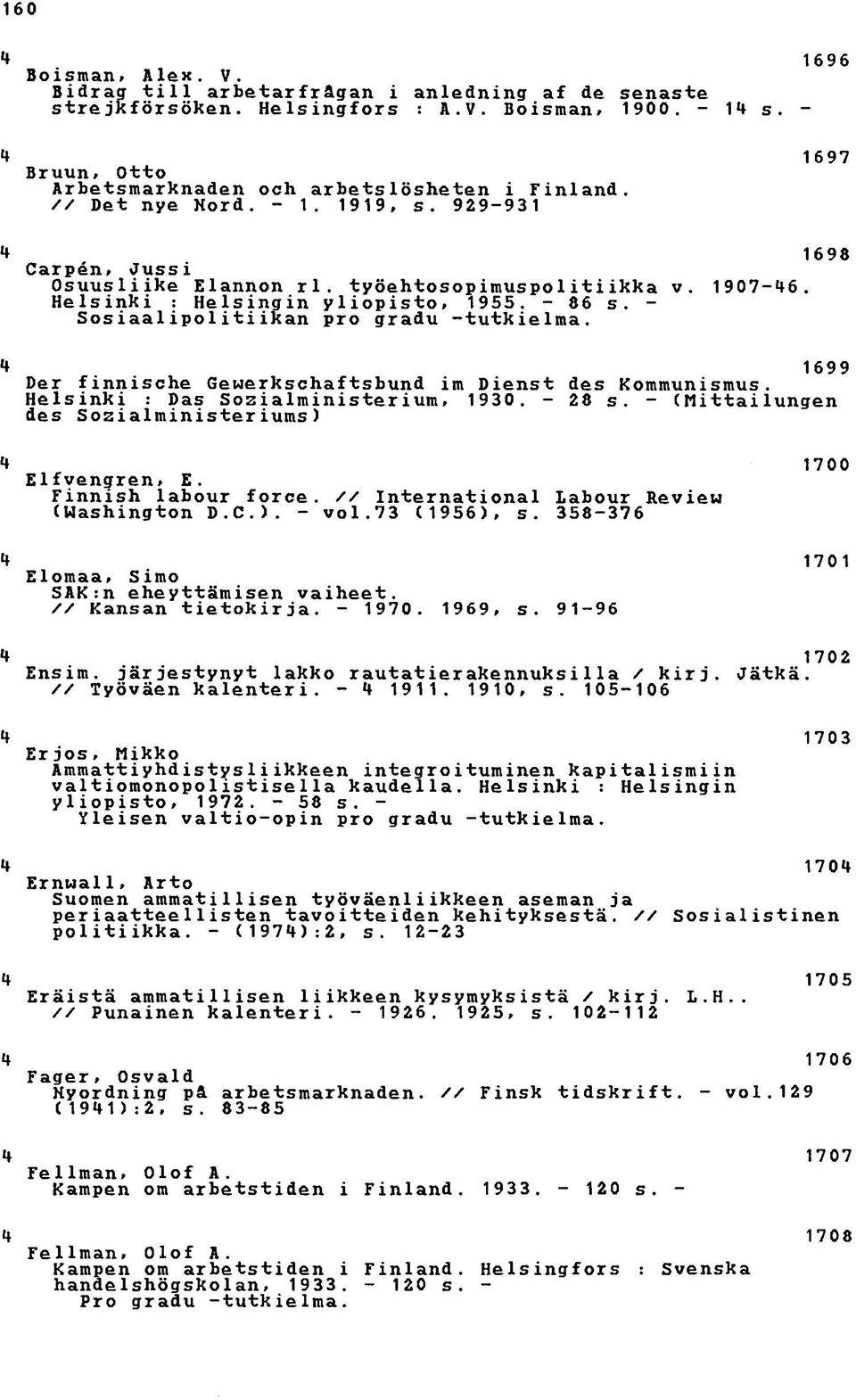 - Sosiaalipolitiikan pro gradu -tutkielma. 1699 Der finnische Geuerkschaftsbund im Dienst des Kommunismus. Helsinki : Das Sozialministerium, 1930. - 28 s.
