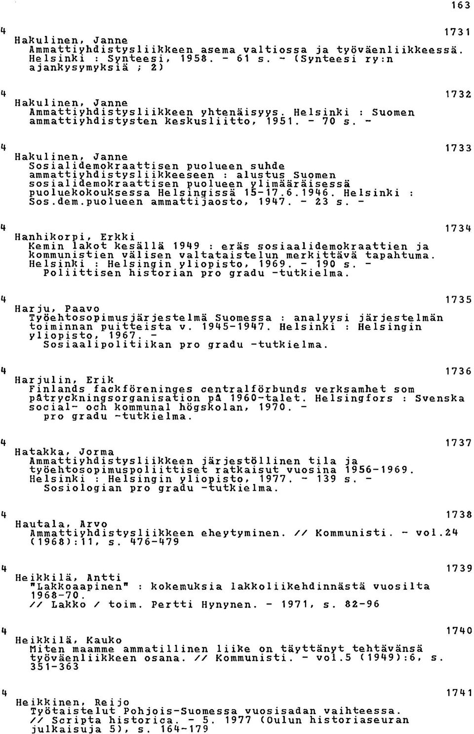 - 1733 Hakulinen, Janne Sosialidemokraattisen puolueen suhde ammattiyhdistysliikkeeseen : alustus Suomen sosialidemokraattisen puolueen y1imääräisessä puoluekokouksessa Helsingissä 15-17.6.196.