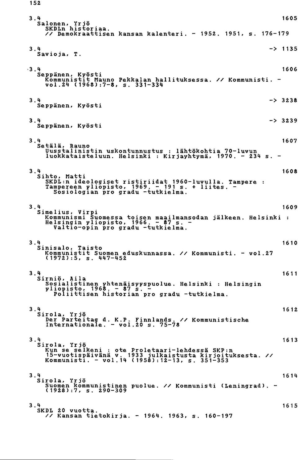 Helsinki : Kirjayhtymä, 1970. - 23 s. - 3. 1608 Sihto, Matti SKDL:n ideologiset ristiriidat 1960-luvulla. Tampere : Tampereen yliopisto, 1969. - 191 s. + liites. - Sosiologian pro gradu -tutkielma. 3. 1609 Simelius, Virpi Kommunismi Suomessa toisen maailmansodan jälkeen.