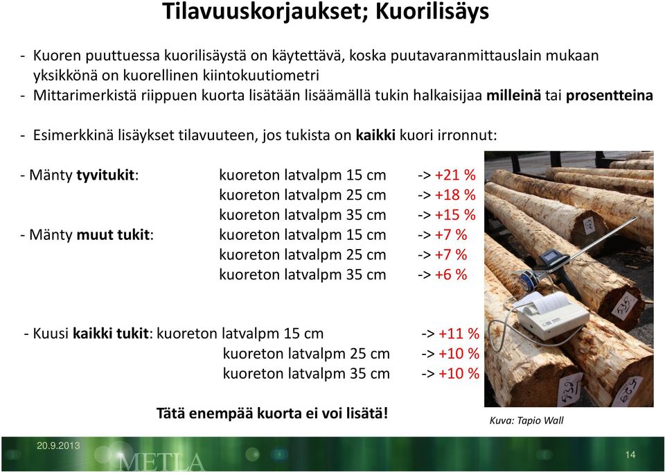 cm -> +21 % kuoreton latvalpm 25 cm -> +18 % kuoreton latvalpm 35 cm -> +15 % - Mänty muut tukit: kuoreton latvalpm 15 cm -> +7 % kuoreton latvalpm25 cm -> +7 % kuoreton latvalpm35 cm ->