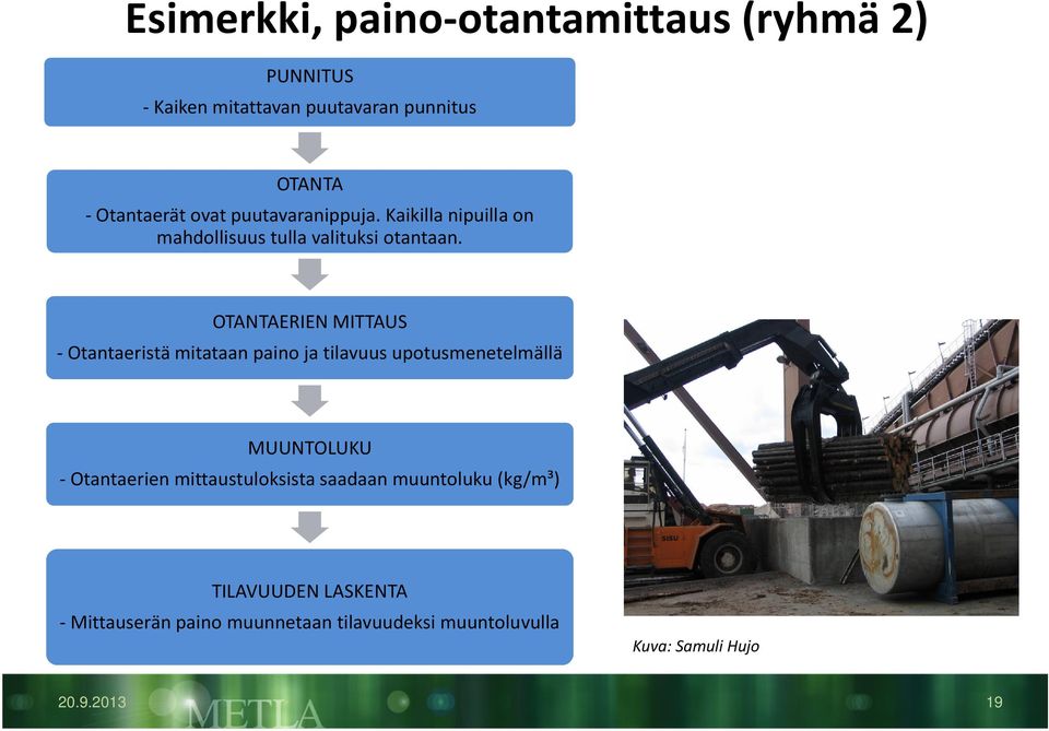 OTANTAERIEN MITTAUS - Otantaeristä mitataan paino ja tilavuus upotusmenetelmällä MUUNTOLUKU - Otantaerien