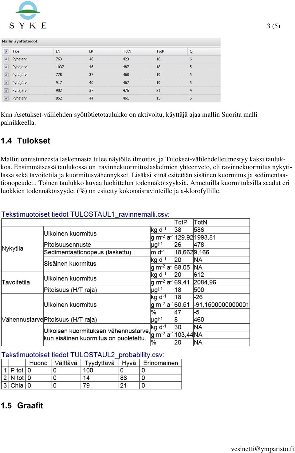 Ensimmäisessä taulukossa on ravinnekuormituslaskelmien yhteenveto, eli ravinnekuormitus nykytilassa sekä tavoitetila ja kuormitusvähennykset.