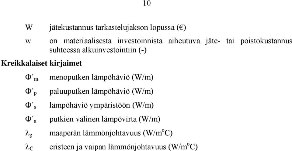 (W/m) Φ p paluuputken lämpöhäviö (W/m) Φ lämpöhäviö ympäitöön (W/m) Φ a putkien välinen