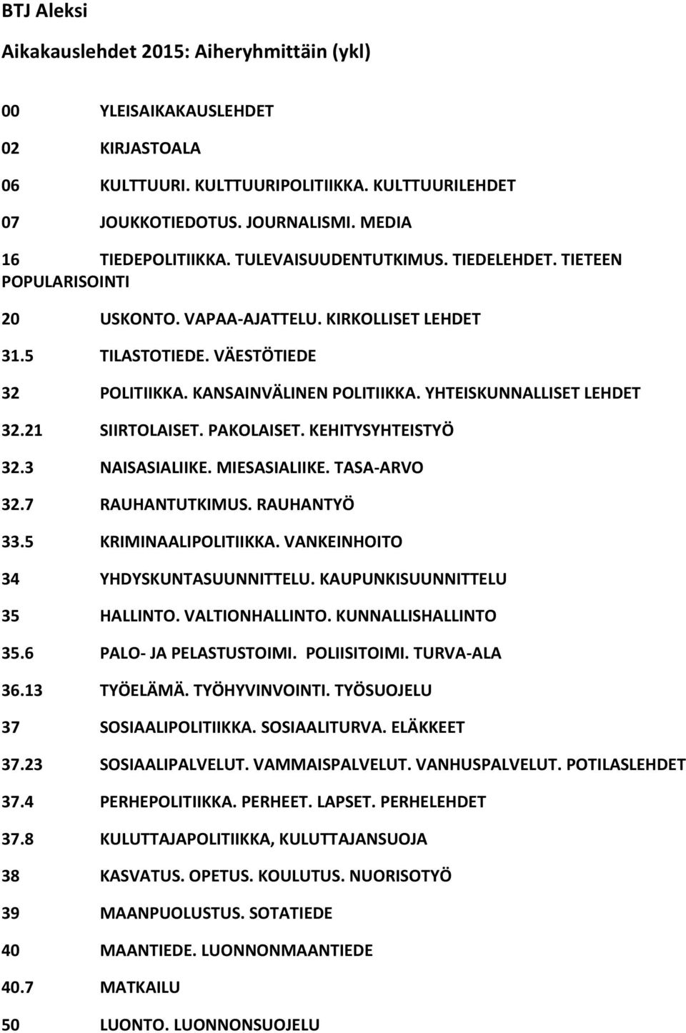 YHTEISKUNNALLISET LEHDET 32.21 SIIRTOLAISET. PAKOLAISET. KEHITYSYHTEISTYÖ 32.3 NAISASIALIIKE. MIESASIALIIKE. TASA-ARVO 32.7 RAUHANTUTKIMUS. RAUHANTYÖ 33.5 KRIMINAALIPOLITIIKKA.