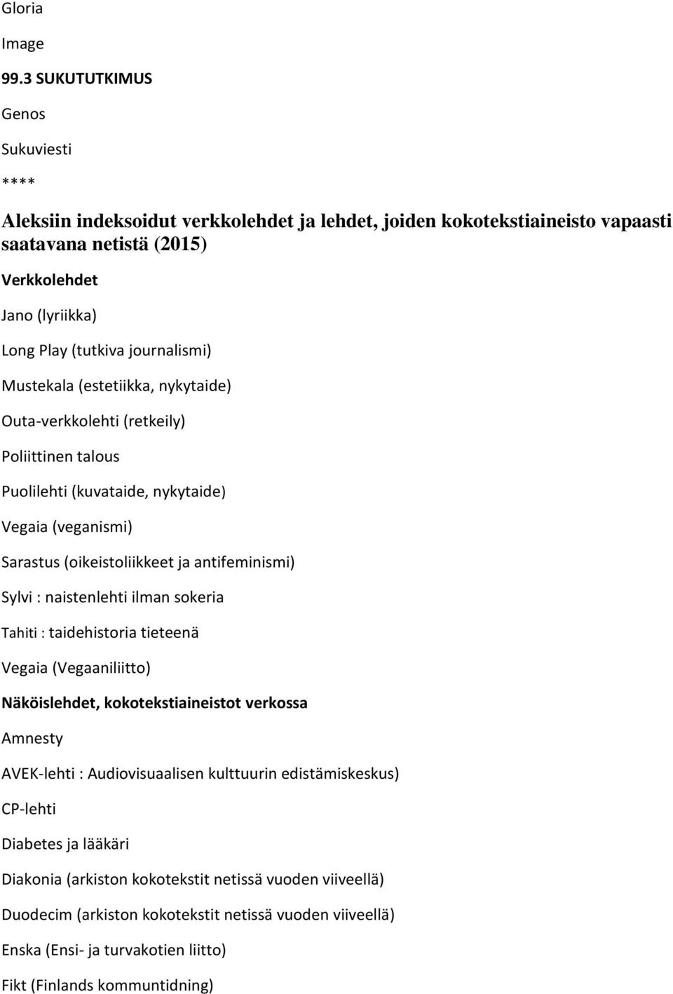 journalismi) Mustekala (estetiikka, nykytaide) Outa-verkkolehti (retkeily) Poliittinen talous Puolilehti (kuvataide, nykytaide) Vegaia (veganismi) Sarastus (oikeistoliikkeet ja antifeminismi) Sylvi :
