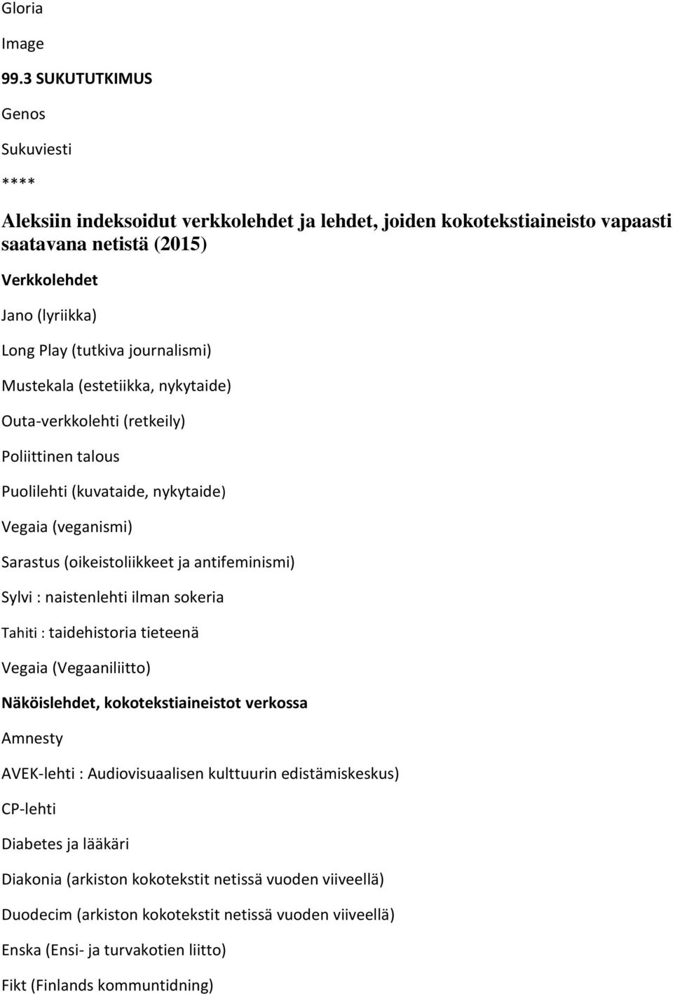 journalismi) Mustekala (estetiikka, nykytaide) Outa-verkkolehti (retkeily) Poliittinen talous Puolilehti (kuvataide, nykytaide) Vegaia (veganismi) Sarastus (oikeistoliikkeet ja antifeminismi) Sylvi :