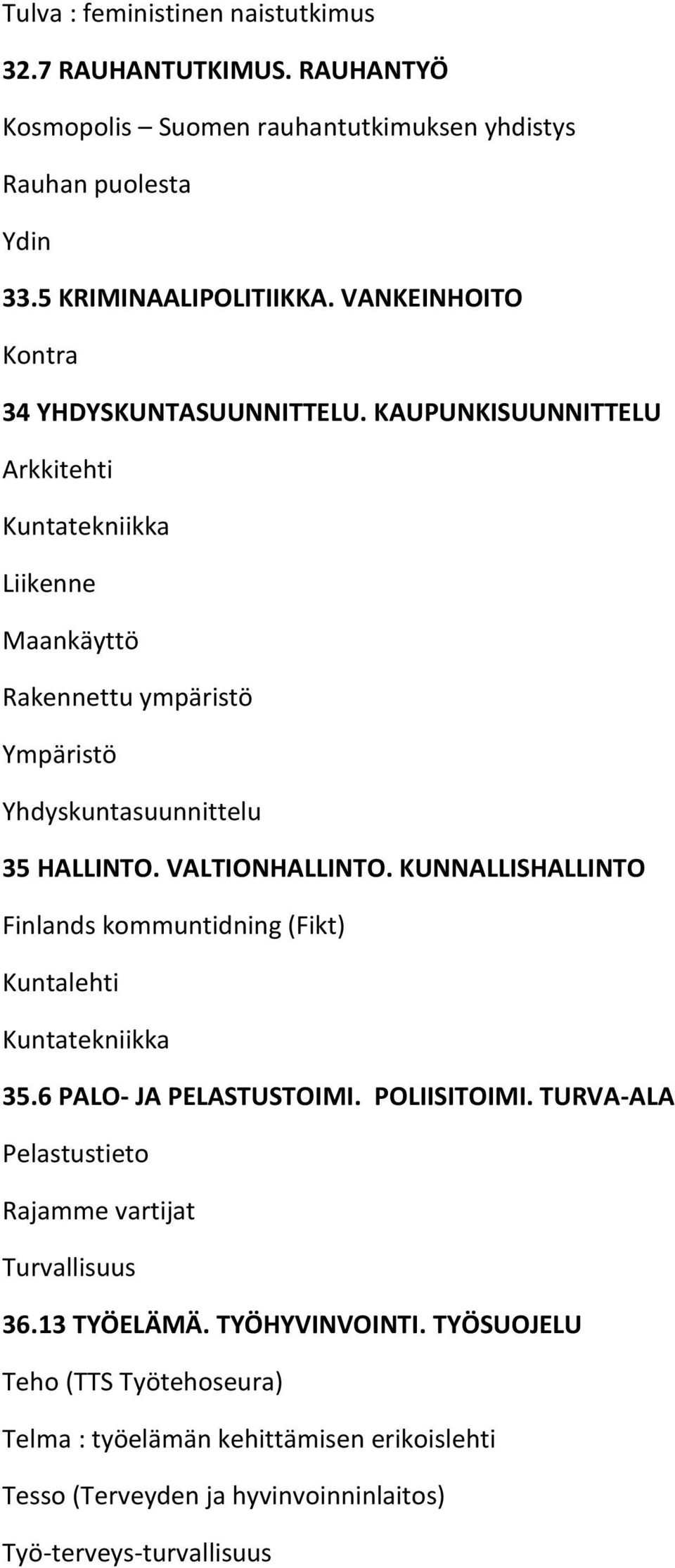 KAUPUNKISUUNNITTELU Arkkitehti Kuntatekniikka Liikenne Maankäyttö Rakennettu ympäristö Ympäristö Yhdyskuntasuunnittelu 35 HALLINTO. VALTIONHALLINTO.