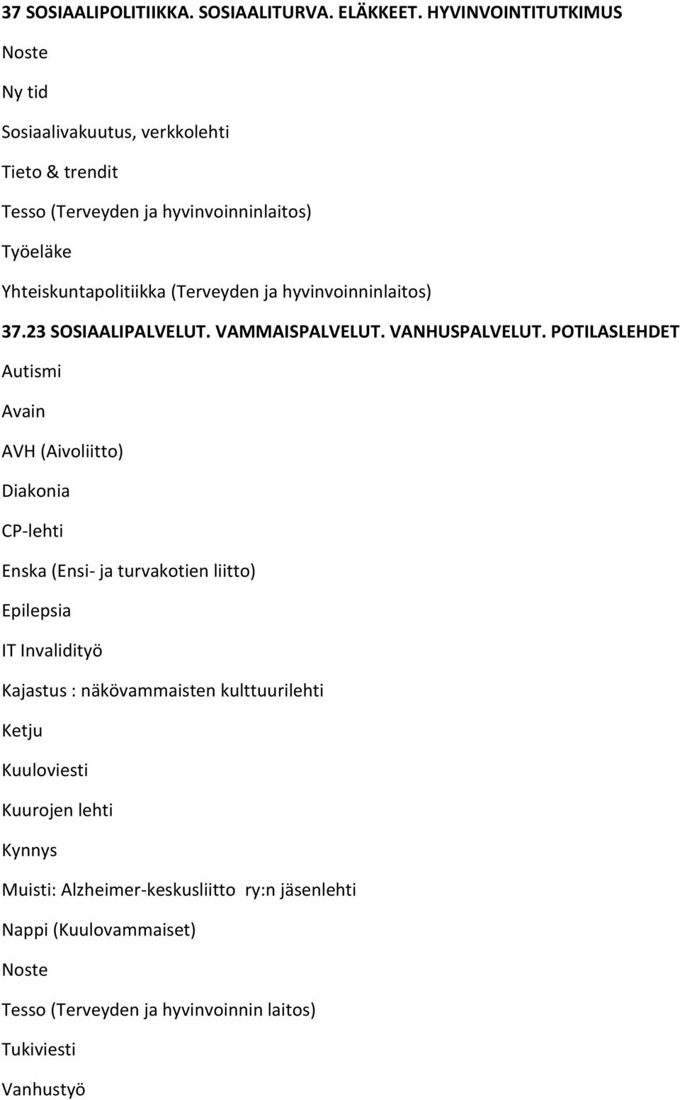 (Terveyden ja hyvinvoinninlaitos) 37.23 SOSIAALIPALVELUT. VAMMAISPALVELUT. VANHUSPALVELUT.