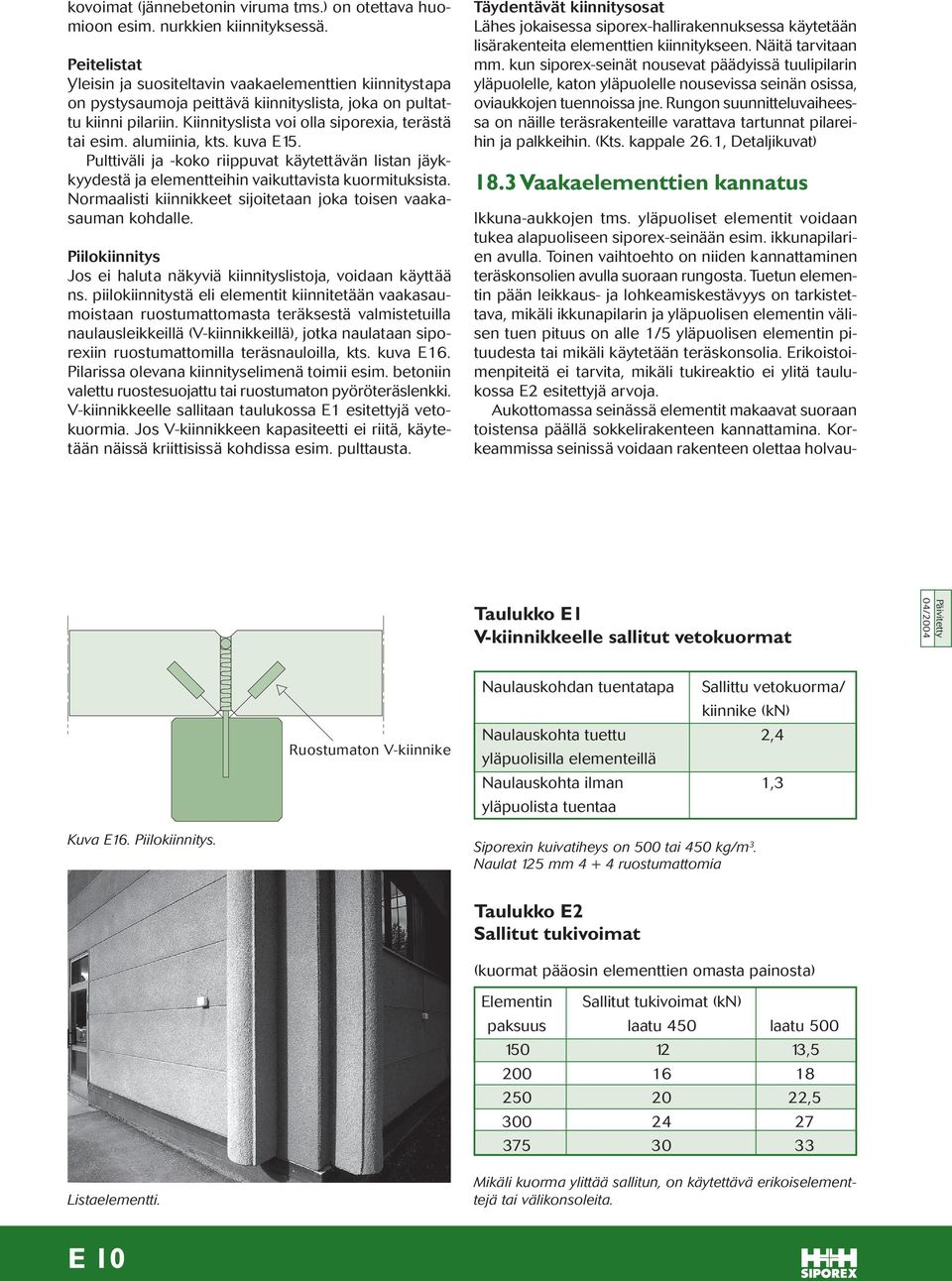 kuva E15. Pulttiväli ja -koko riippuvat käytttävän listan jäykkyydstä ja lmnttihin vaikuttavista kuormituksista. Normaalisti kiinnikkt sijoittaan joka toisn vaakasauman kohdall.