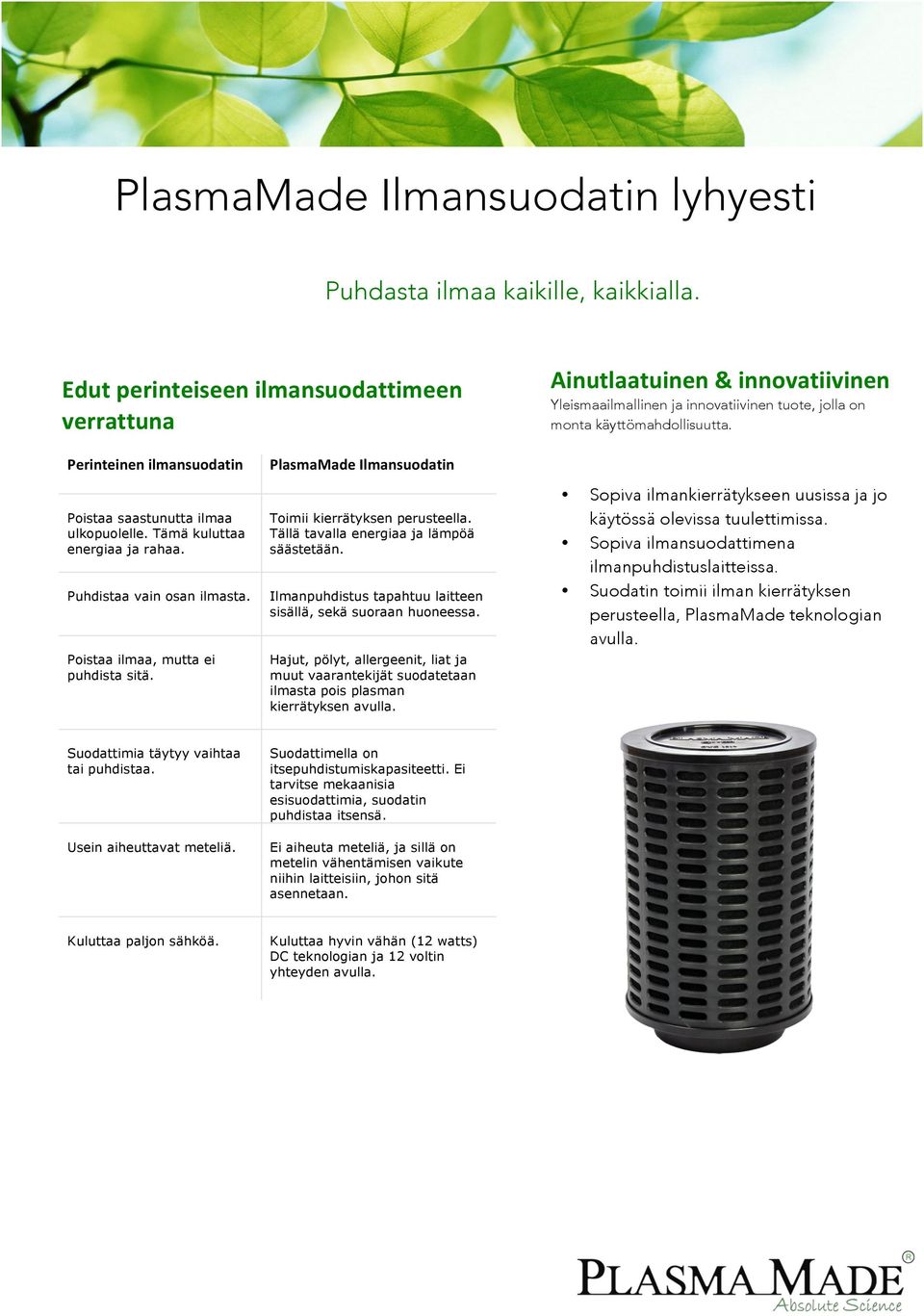 Perinteinen ilmansuodatin Poistaa saastunutta ilmaa ulkopuolelle. Tämä kuluttaa energiaa ja rahaa. Puhdistaa vain osan ilmasta. Poistaa ilmaa, mutta ei puhdista sitä.