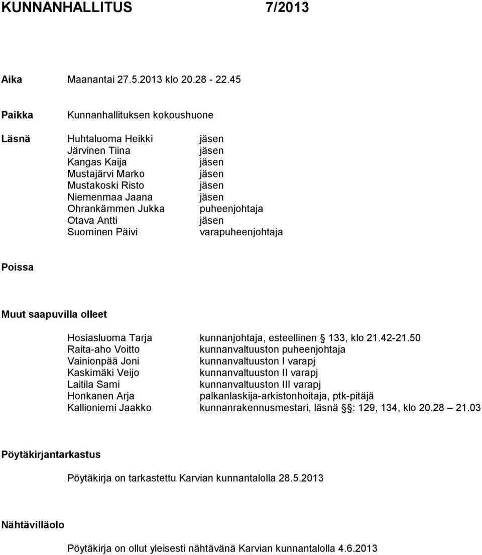 puheenjohtaja Otava Antti jäsen Suominen Päivi varapuheenjohtaja Poissa Muut saapuvilla olleet Hosiasluoma Tarja kunnanjohtaja, esteellinen 133, klo 21.42-21.