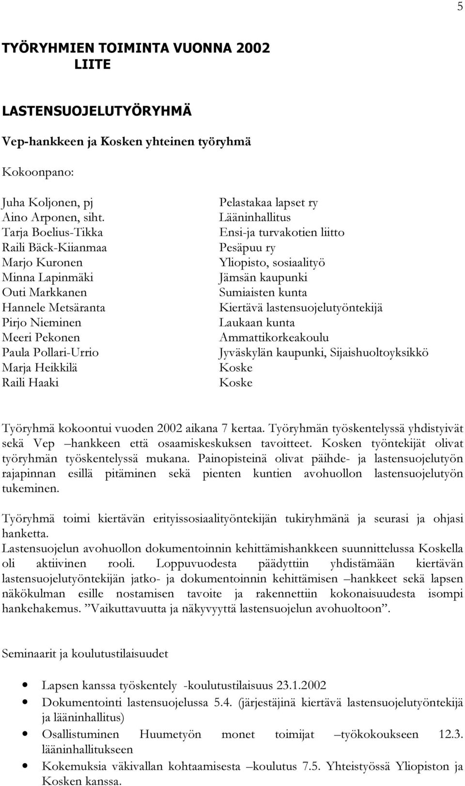 ry Lääninhallitus Ensi-ja turvakotien liitto Pesäpuu ry Yliopisto, sosiaalityö Jämsän kaupunki Sumiaisten kunta Kiertävä lastensuojelutyöntekijä Laukaan kunta Ammattikorkeakoulu, Sijaishuoltoyksikkö