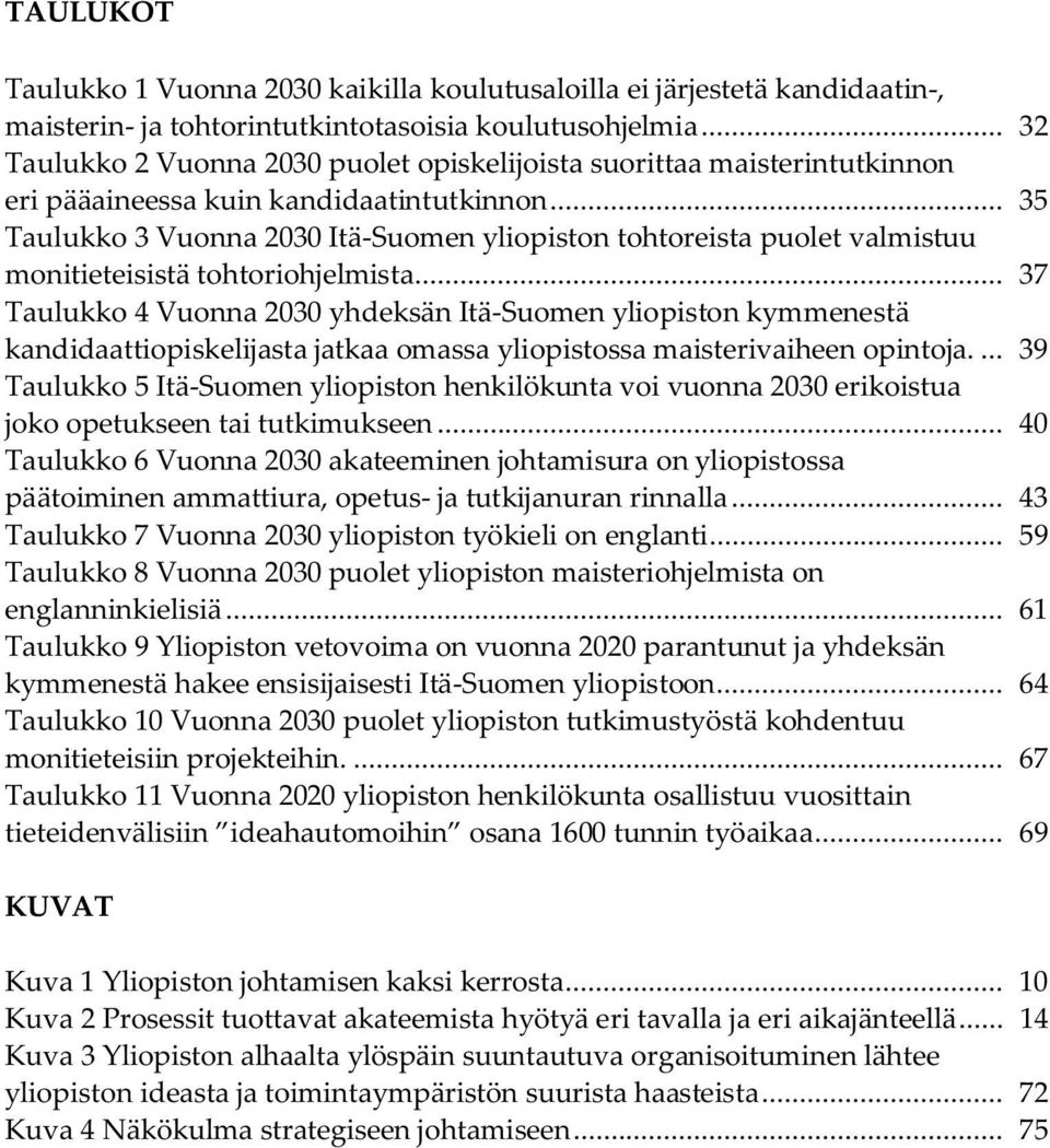 .. 35 Taulukko 3 Vuonna 2030 Itä-Suomen yliopiston tohtoreista puolet valmistuu monitieteisistä tohtoriohjelmista.