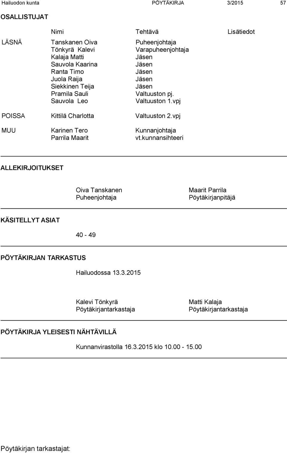 vpj MUU Karinen Tero Kunnanjohtaja Parrila Maarit vt.