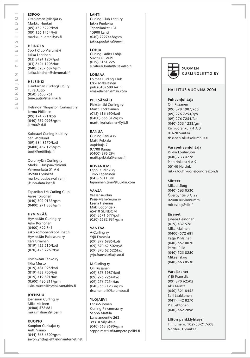 fi HELSINKI Eläintarhan Curlingklubi ry Tuire Autio (050) 3600 751 tuire.autio@helsinki.fi Helsingin Yliopiston Curlaajat ry Jermu Pöllänen (09) 174 791/koti (040) 759 0998/gsm jermu@iki.