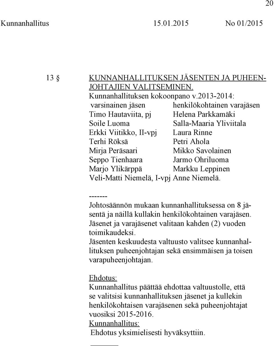 Peräsaari Mikko Savolainen Seppo Tienhaara Jarmo Ohriluoma Marjo Ylikärppä Markku Leppinen Veli-Matti Niemelä, I-vpj Anne Niemelä.