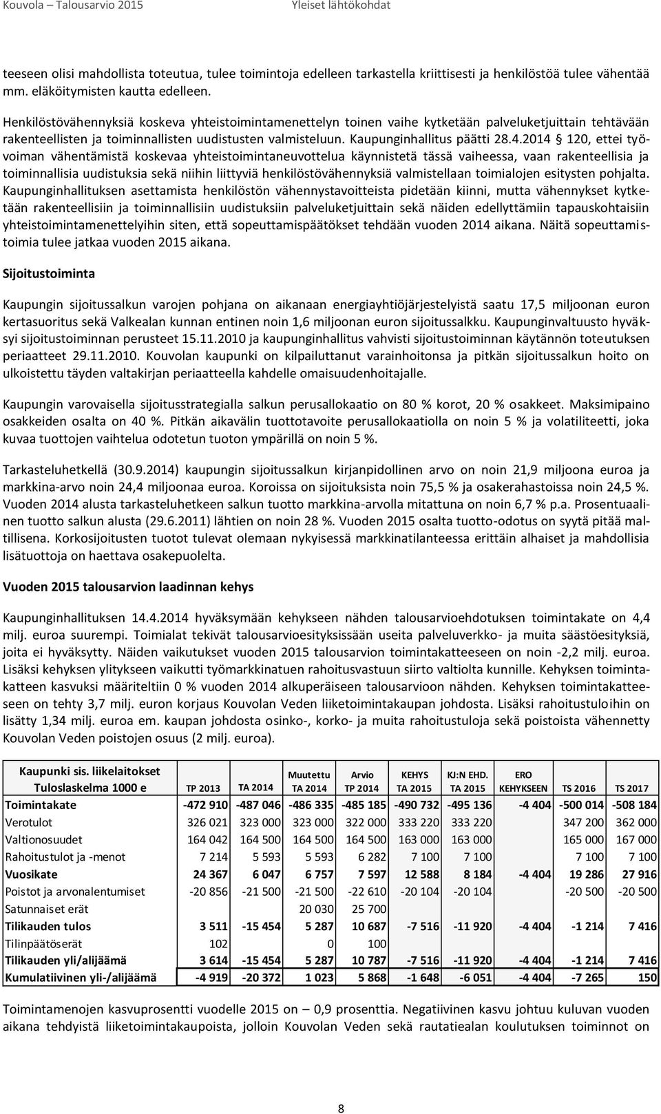 2014 120, ettei työvoiman vähentämistä koskevaa yhteistoimintaneuvottelua käynnistetä tässä vaiheessa, vaan rakenteellisia ja toiminnallisia uudistuksia sekä niihin liittyviä henkilöstövähennyksiä