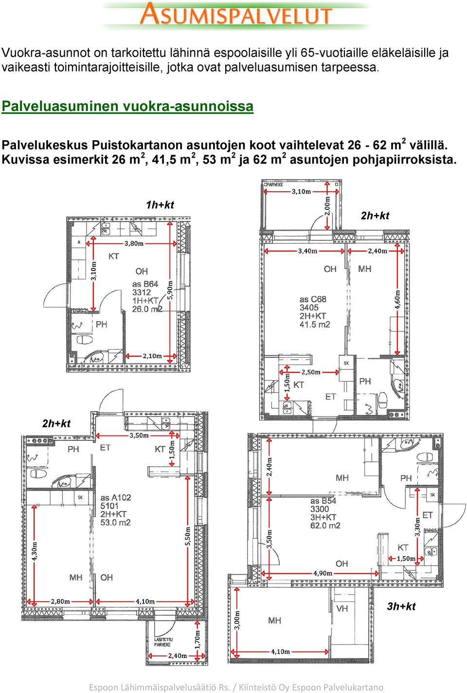 Palveluasuminen vuokra-asunnoissa Palvelukeskus Puistokartanon asuntojen koot vaihtelevat