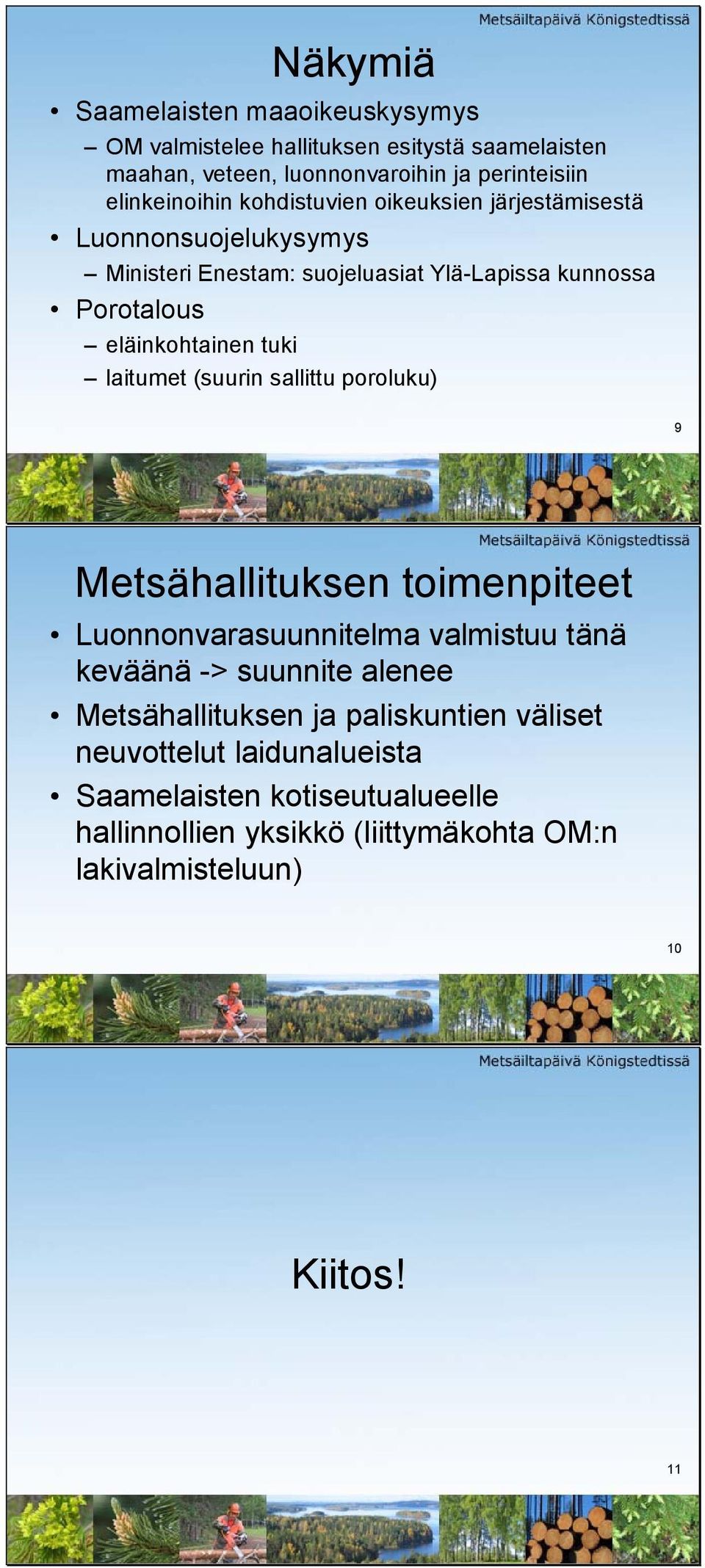 laitumet (suurin sallittu poroluku) 9 Metsähallituksen toimenpiteet Luonnonvarasuunnitelma valmistuu tänä keväänä -> suunnite alenee Metsähallituksen