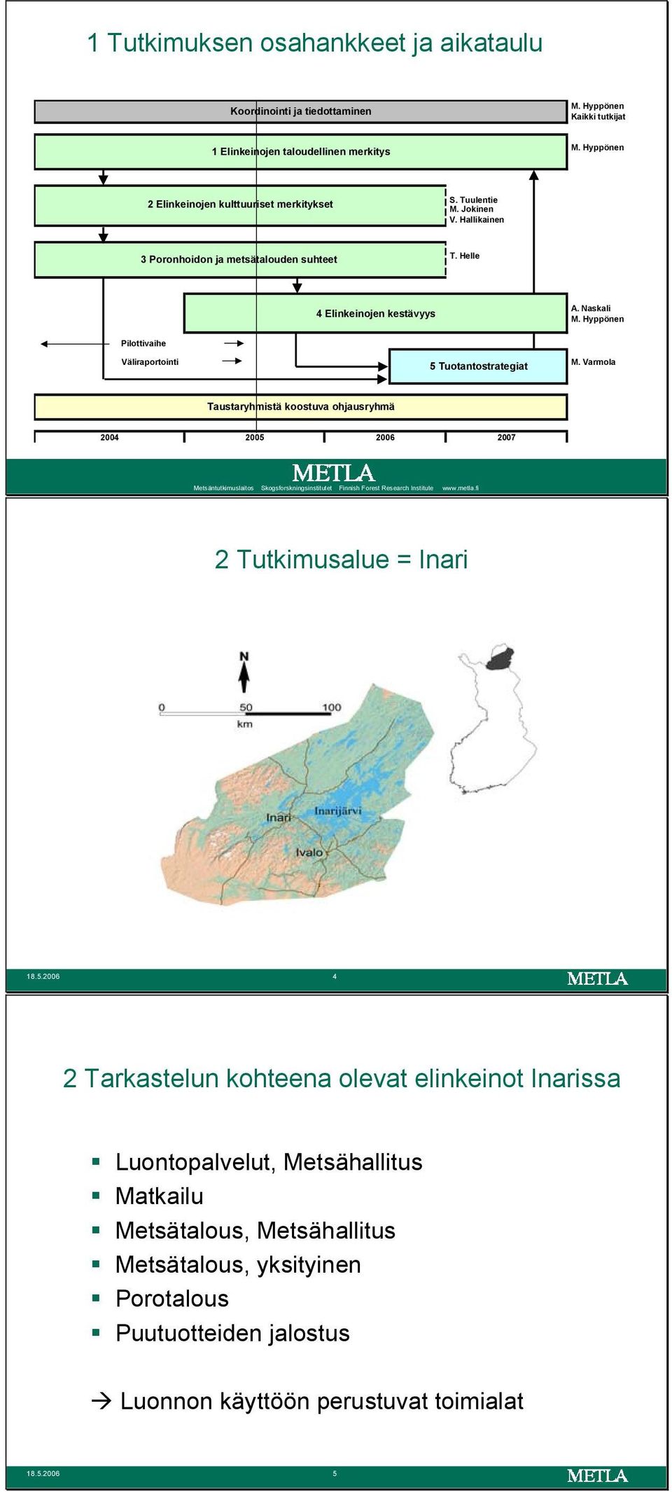 Helle 4 Elinkeinojen kestävyys A. Naskali M. Hyppönen Pilottivaihe Väliraportointi 5 Tuotantostrategiat M. Varmola Taustaryhmistä koostuva ohjausryhmä 2004 2005 2006 2007 2 Tutkimusalue = Inari 18.