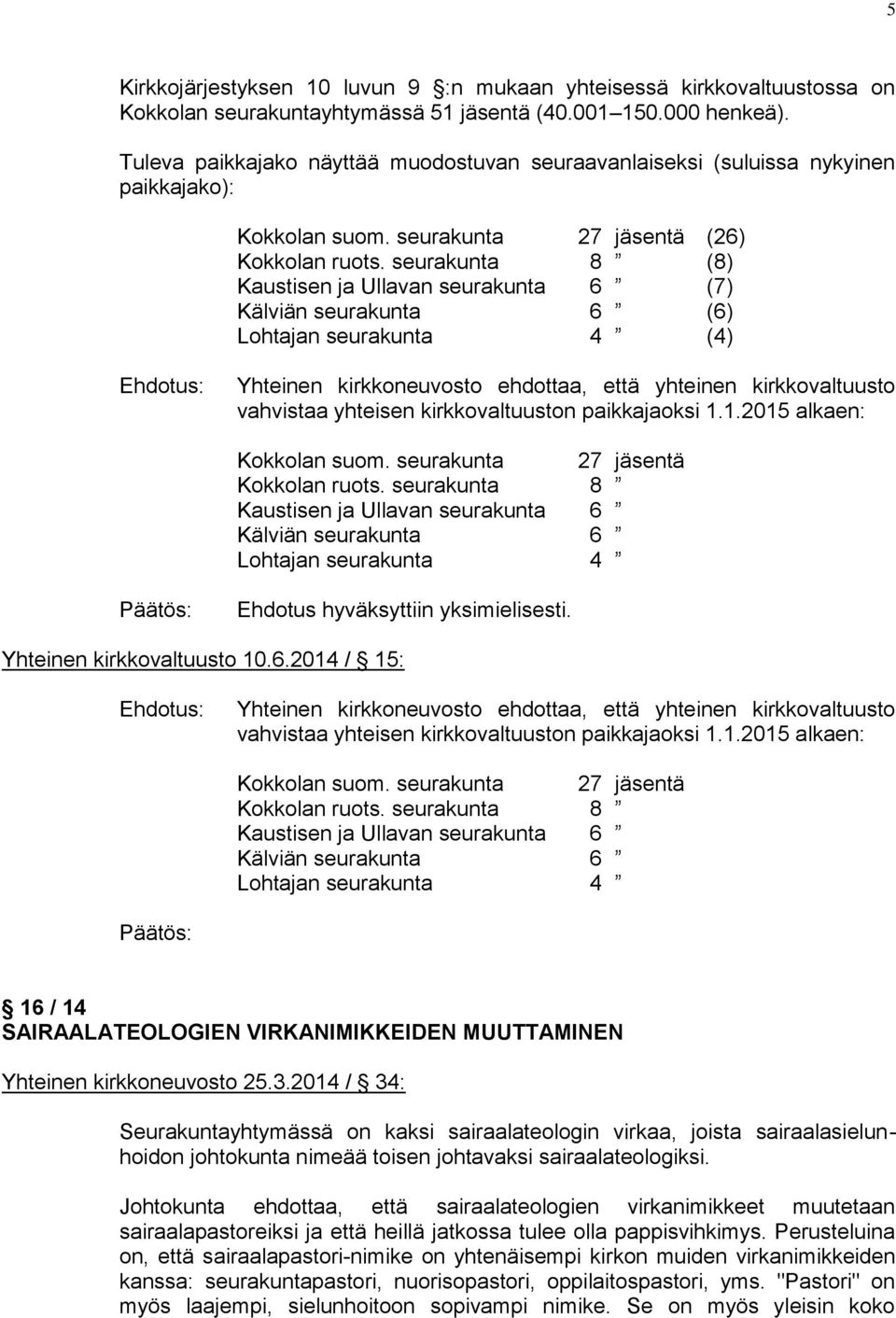 seurakunta 8 (8) Kaustisen ja Ullavan seurakunta 6 (7) Kälviän seurakunta 6 (6) Lohtajan seurakunta 4 (4) vahvistaa yhteisen kirkkovaltuuston paikkajaoksi 1.1.2015 alkaen: Kokkolan suom.