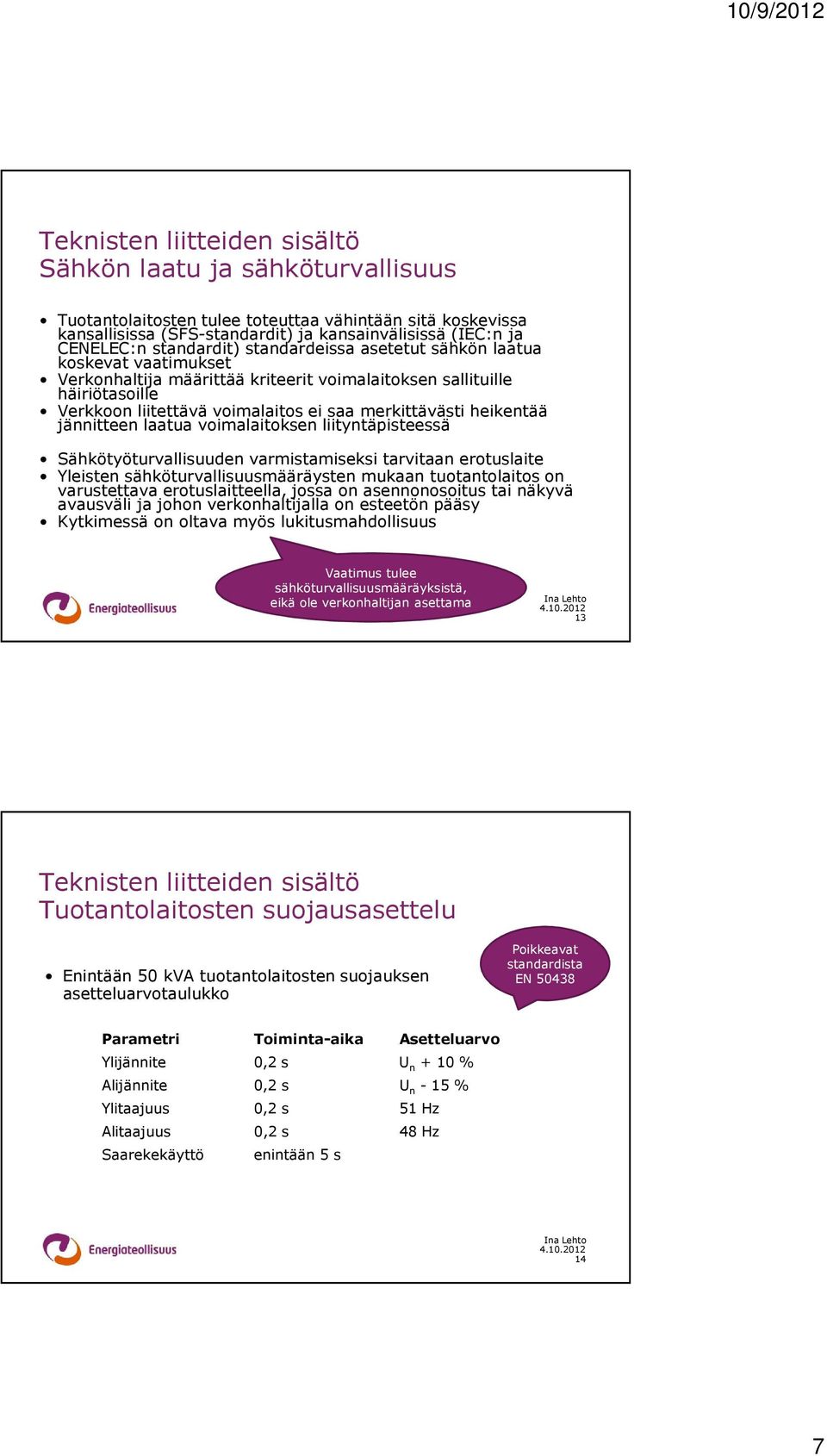 heikentää jännitteen laatua voimalaitoksen liityntäpisteessä Sähkötyöturvallisuuden varmistamiseksi tarvitaan erotuslaite Yleisten sähköturvallisuusmääräysten mukaan tuotantolaitos on varustettava