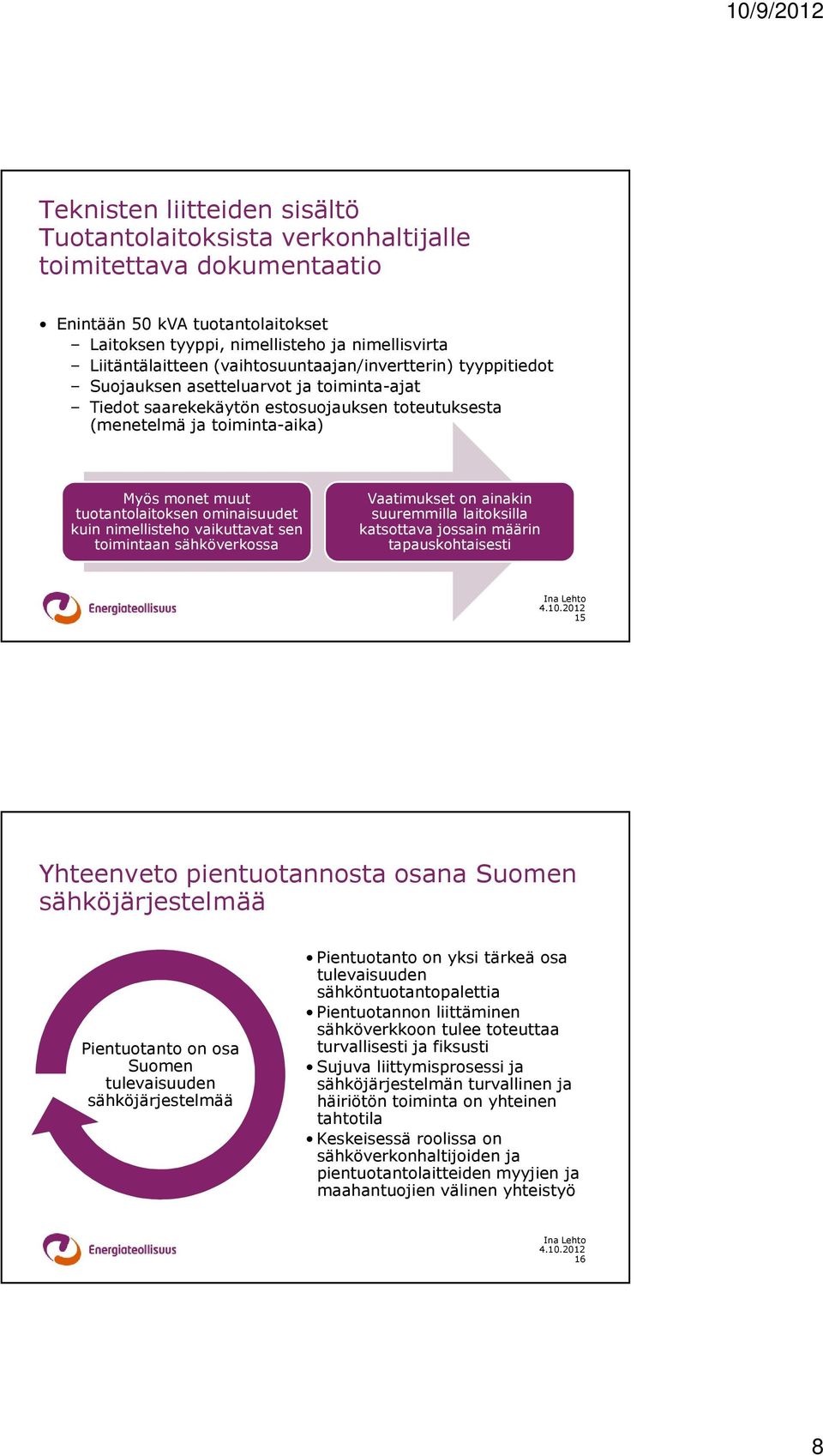 ominaisuudet kuin nimellisteho vaikuttavat sen toimintaan sähköverkossa Vaatimukset on ainakin suuremmilla laitoksilla katsottava jossain määrin tapauskohtaisesti 15 Yhteenveto pientuotannosta osana