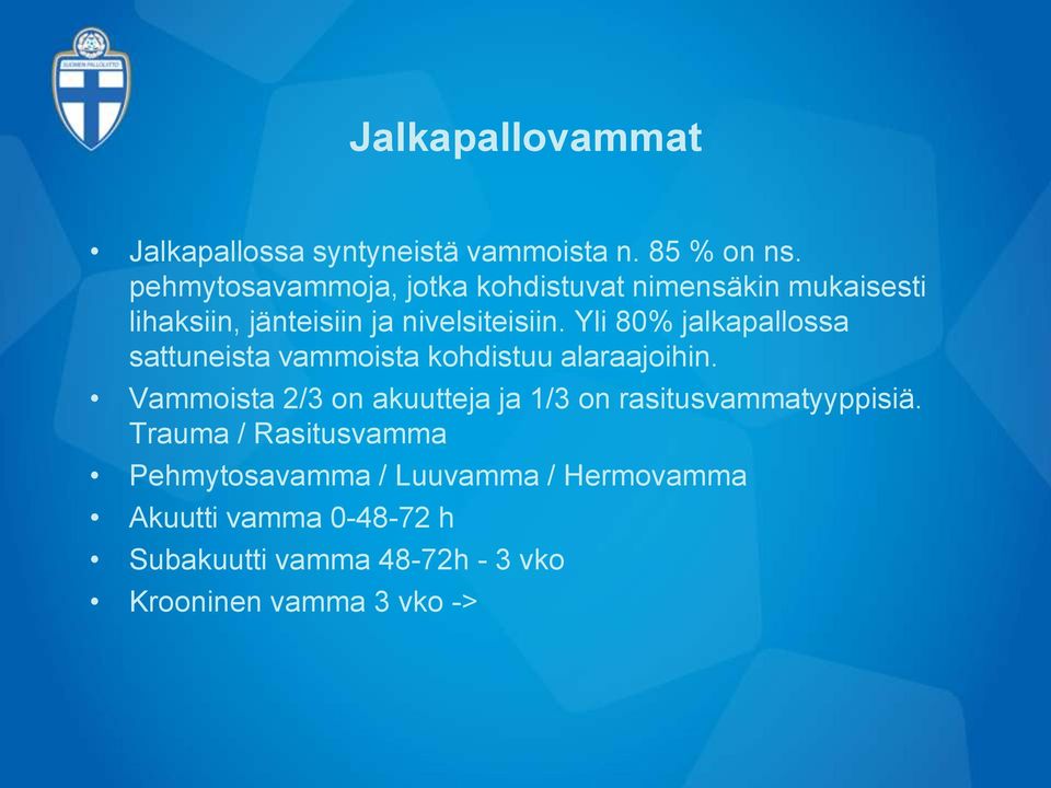 Yli 80% jalkapallossa sattuneista vammoista kohdistuu alaraajoihin.