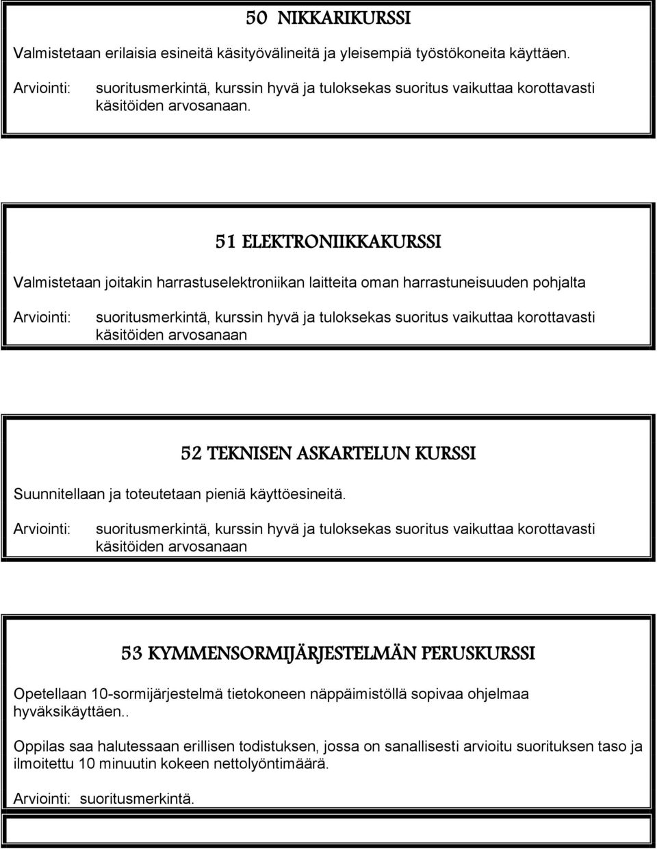 51 ELEKTRONIIKKAKURSSI Valmistetaan joitakin harrastuselektroniikan laitteita oman harrastuneisuuden pohjalta suoritusmerkintä, kurssin hyvä ja tuloksekas suoritus vaikuttaa korottavasti käsitöiden