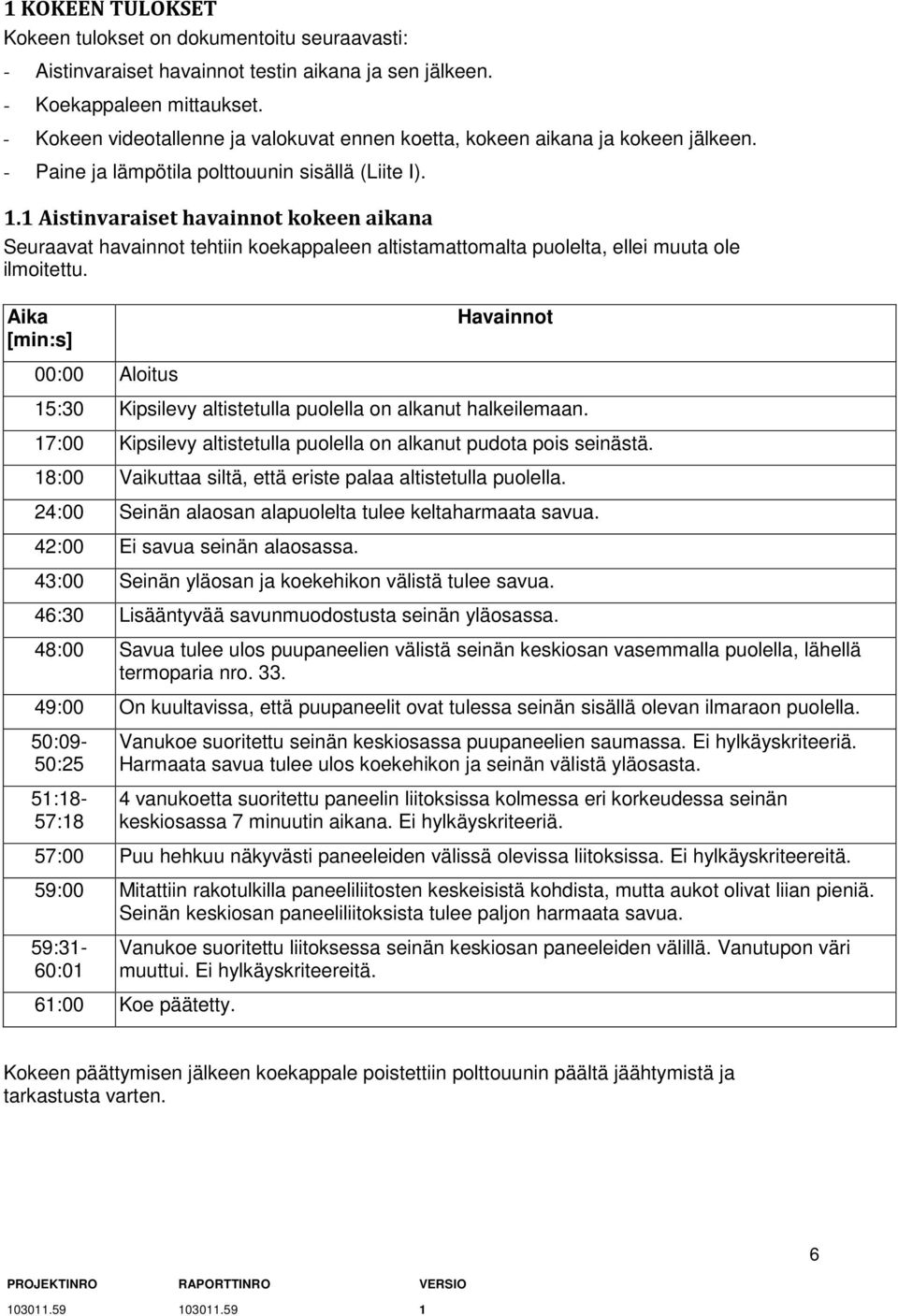 . Aistinvaraiset havainnot kokeen aikana Seuraavat havainnot tehtiin koekappaleen altistamattomalta puolelta, ellei muuta ole ilmoitettu.