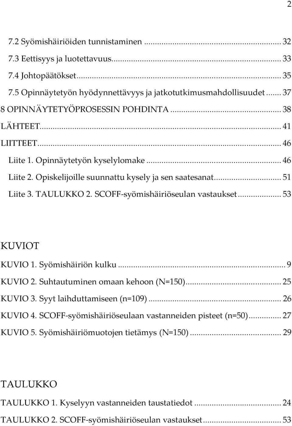 TAULUKKO 2. SCOFF-syömishäiriöseulan vastaukset... 53 KUVIOT KUVIO 1. Syömishäiriön kulku... 9 KUVIO 2. Suhtautuminen omaan kehoon (N=150)... 25 KUVIO 3. Syyt laihduttamiseen (n=109)... 26 KUVIO 4.