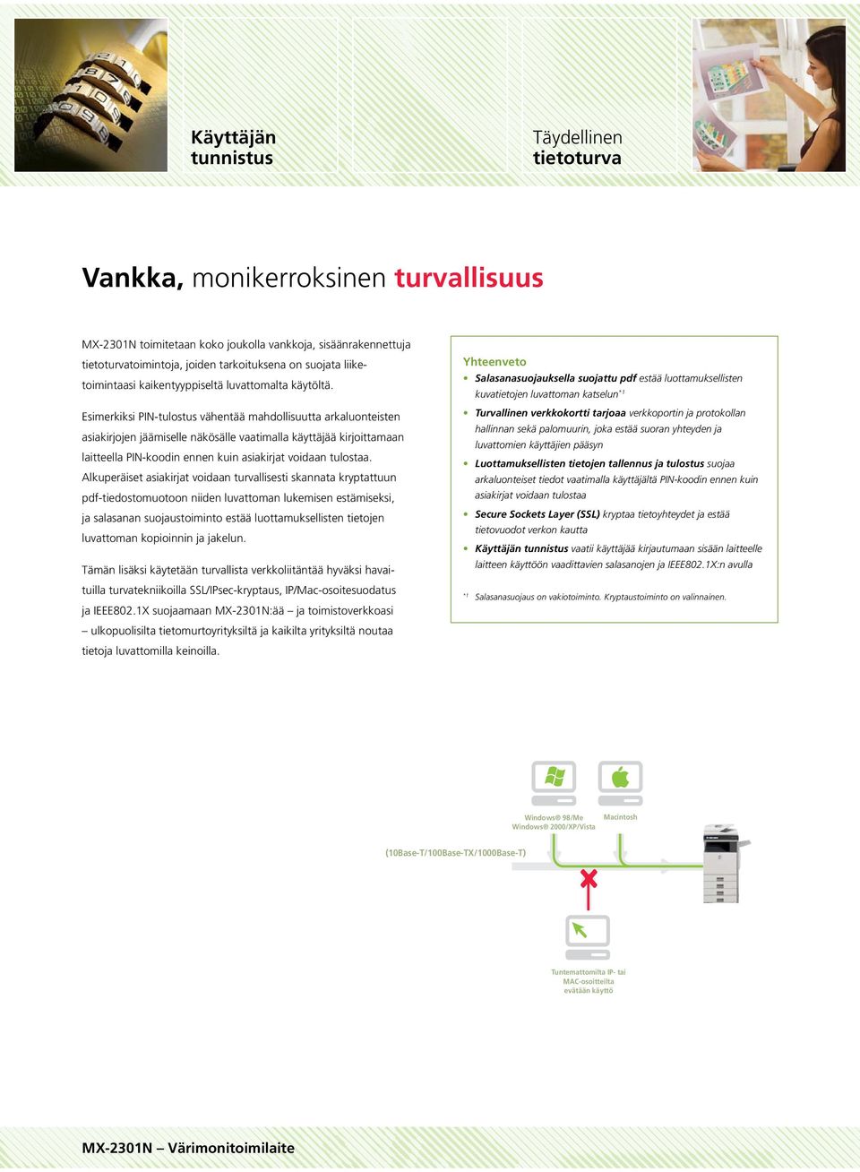 Esimerkiksi PIN-tulostus vähentää mahdollisuutta arkaluonteisten asiakirjojen jäämiselle näkösälle vaatimalla käyttäjää kirjoittamaan laitteella PIN-koodin ennen kuin asiakirjat voidaan tulostaa.