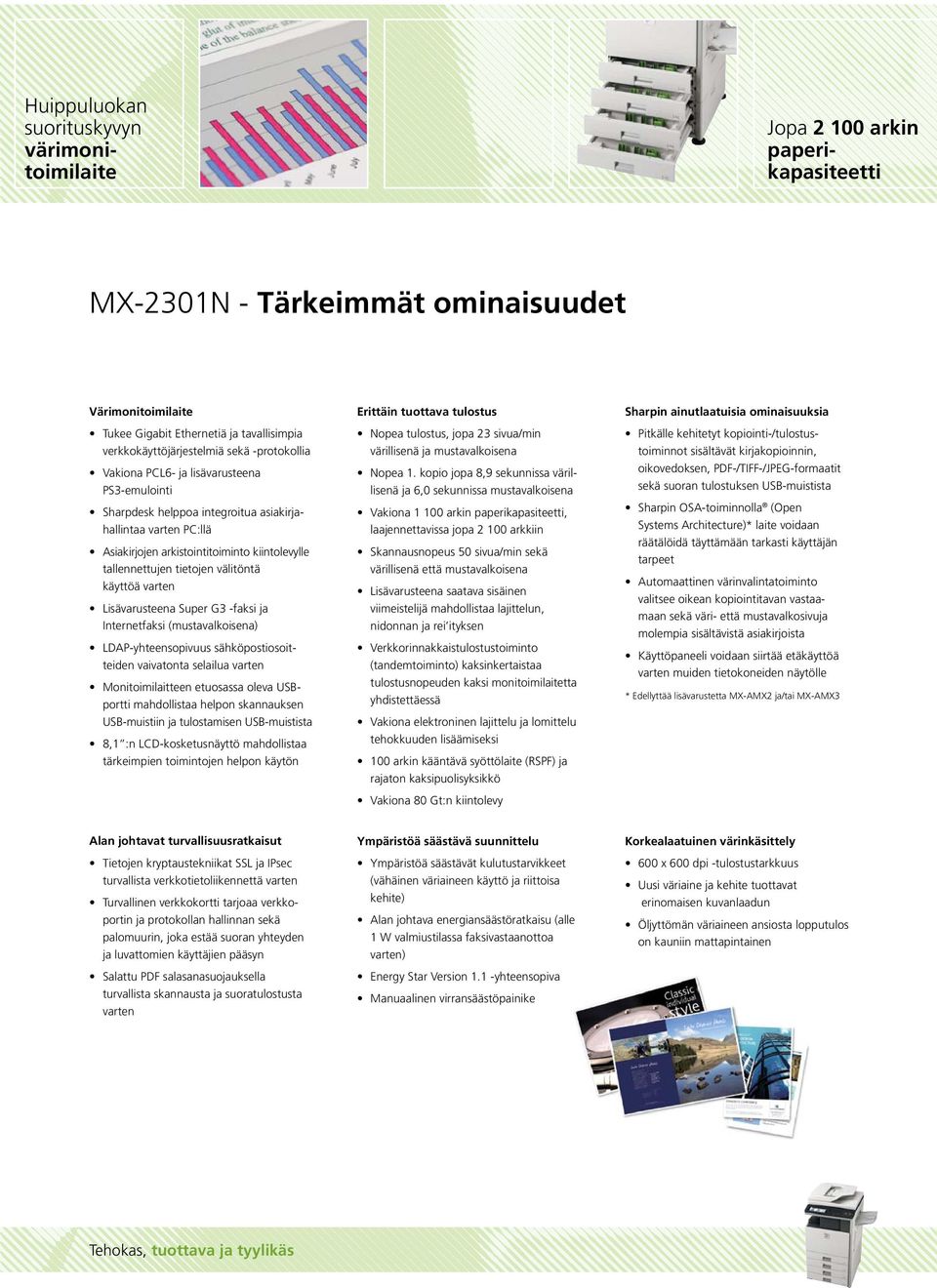 tallennettujen tietojen välitöntä käyttöä varten Lisävarusteena Super G3 -faksi ja Internetfaksi (mustavalkoisena) LDAP-yhteensopivuus sähköpostiosoitteiden vaivatonta selailua varten