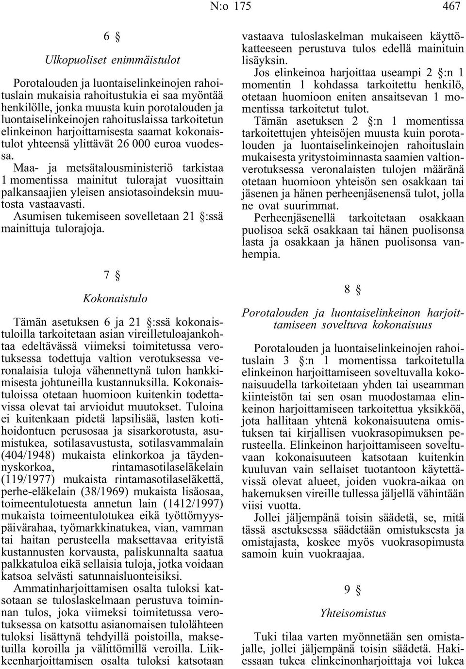 Maa- ja metsätalousministeriö tarkistaa 1 momentissa mainitut tulorajat vuosittain palkansaajien yleisen ansiotasoindeksin muutosta vastaavasti.