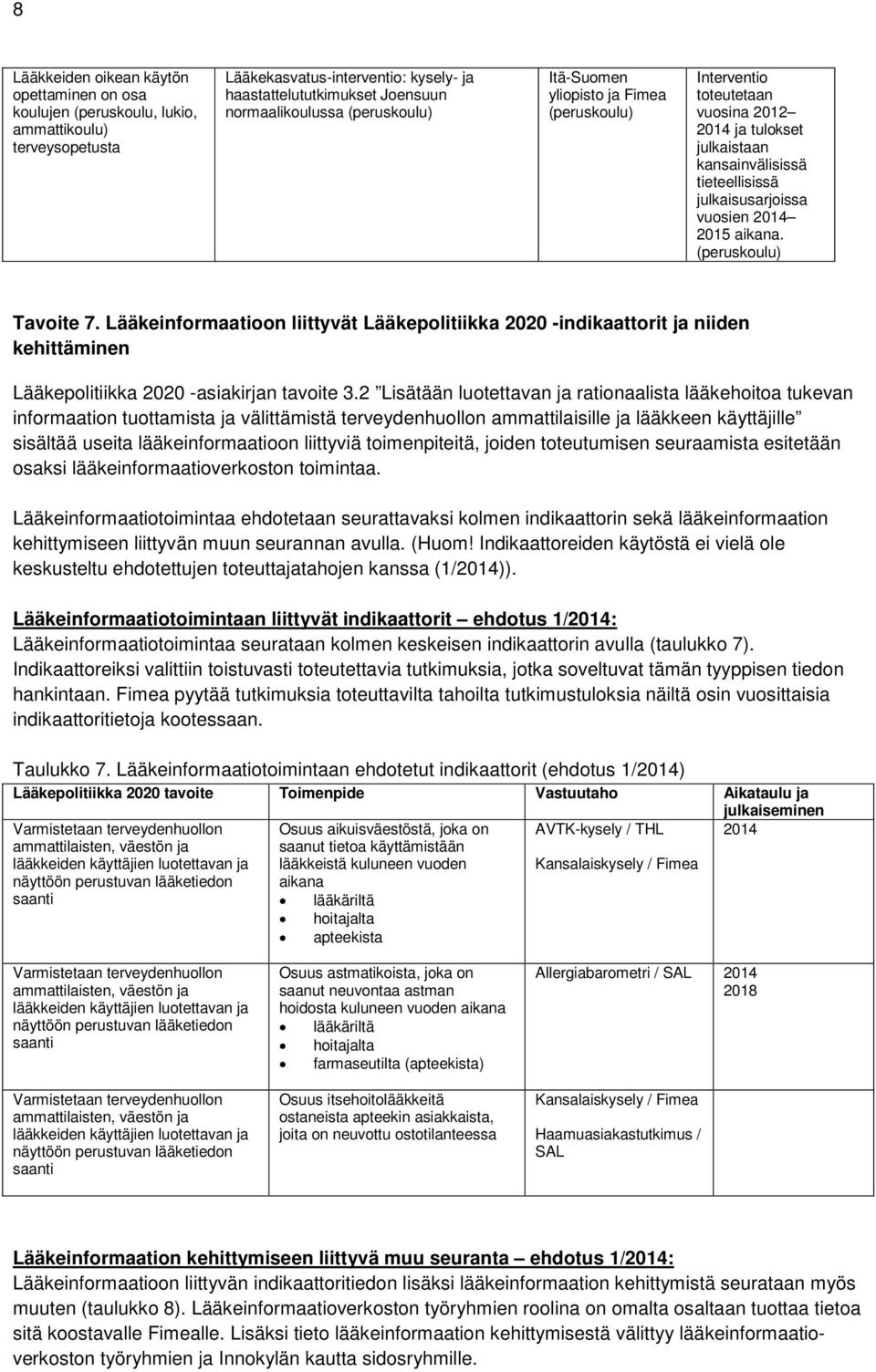 (peruskoulu) Tavoite 7. Lääkeinformaatioon liittyvät Lääkepolitiikka 2020 -indikaattorit ja niiden kehittäminen Lääkepolitiikka 2020 -asiakirjan tavoite 3.