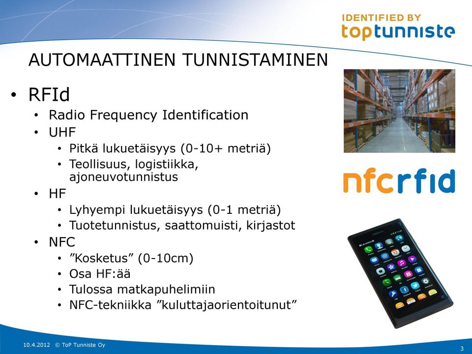 Lyhyempi lukuetäisyys (0-1 metriä) Tuotetunnistus, saattomuisti, kirjastot NFC