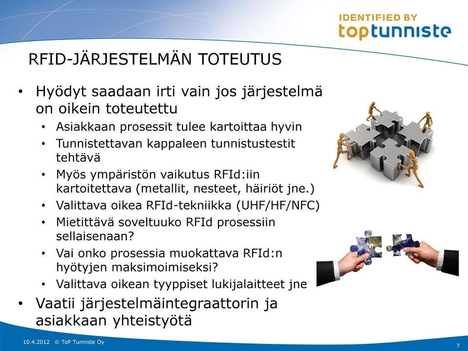 ) Valittava oikea RFId-tekniikka (UHF/HF/NFC) Mietittävä soveltuuko RFId prosessiin sellaisenaan?