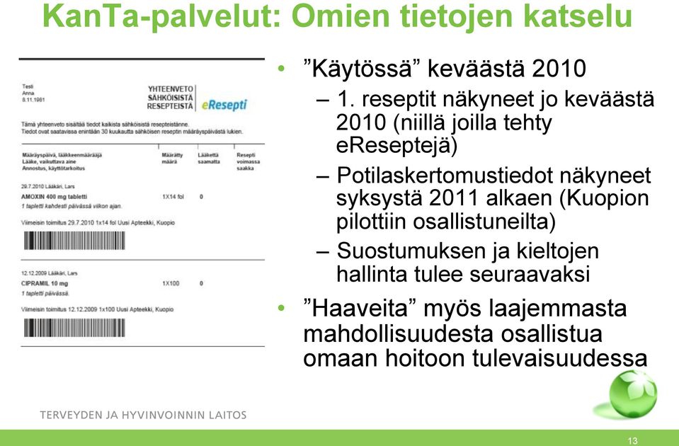 näkyneet syksystä 2011 alkaen (Kuopion pilottiin osallistuneilta) Suostumuksen ja