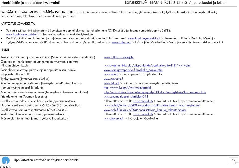 oppilaitoksissa -kartoituslomake (OKKA-säätiö ja Suomen ympäristöopisto SYKLI): www.koulujaymparisto.