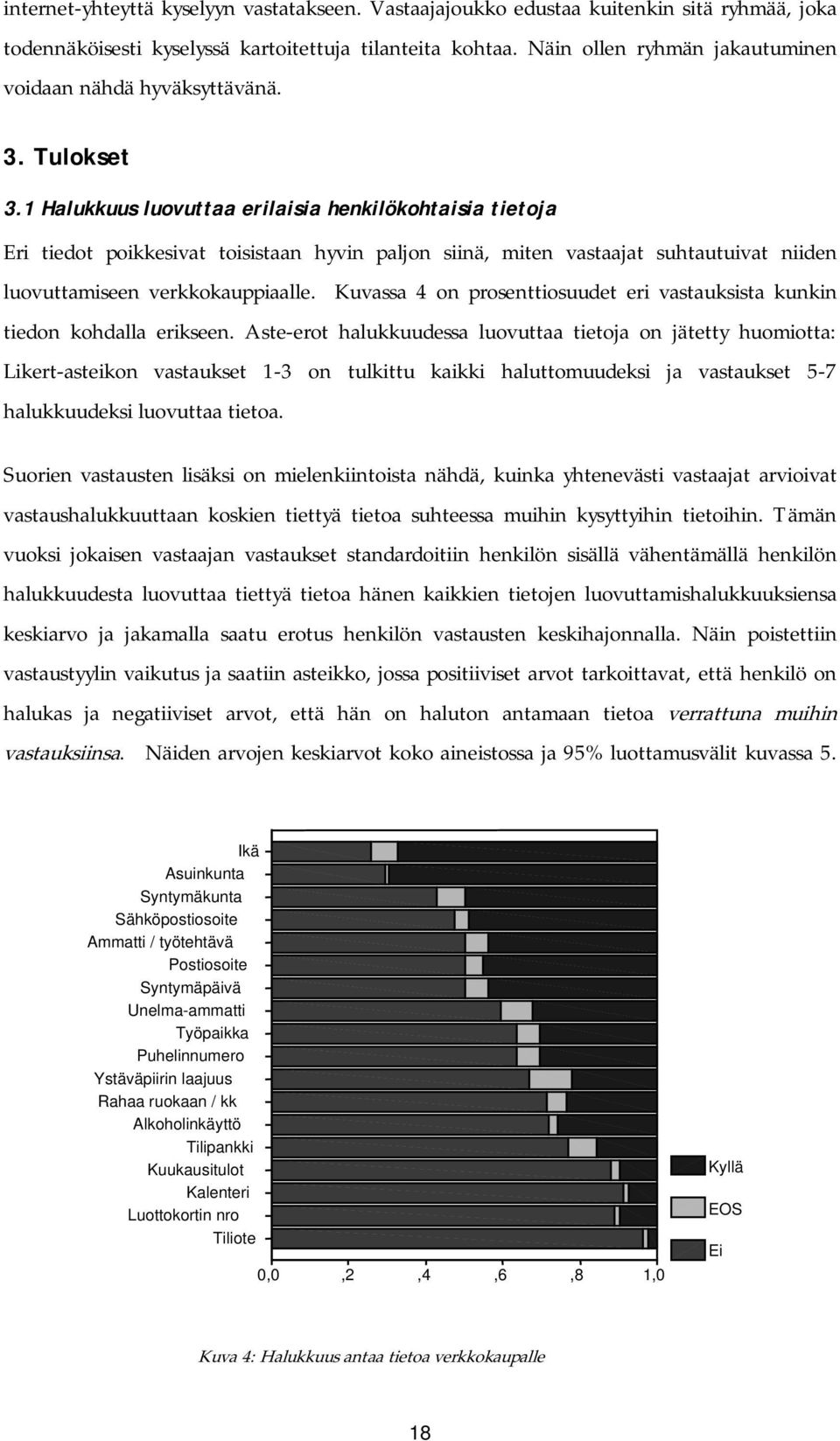 1 Halukkuus luovuttaa erilaisia henkilökohtaisia tietoja Eri tiedot poikkesivat toisistaan hyvin paljon siinä, miten vastaajat suhtautuivat niiden luovuttamiseen verkkokauppiaalle.