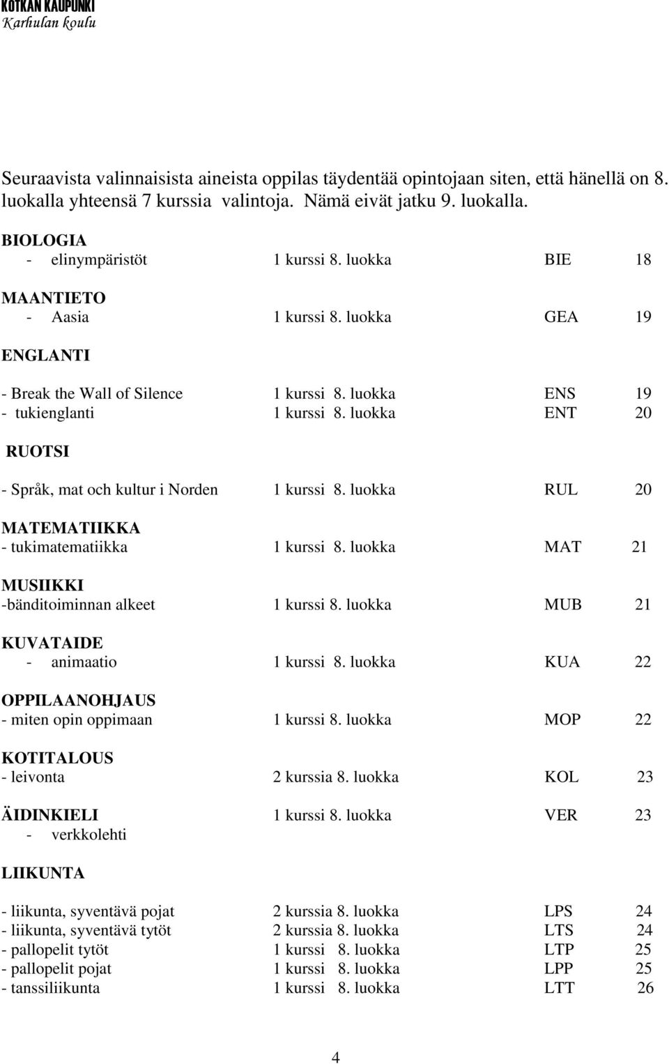 luokka ENT 20 RUOTSI - Språk, mat och kultur i Norden 1 kurssi 8. luokka RUL 20 MATEMATIIKKA - tukimatematiikka 1 kurssi 8. luokka MAT 21 MUSIIKKI -bänditoiminnan alkeet 1 kurssi 8.