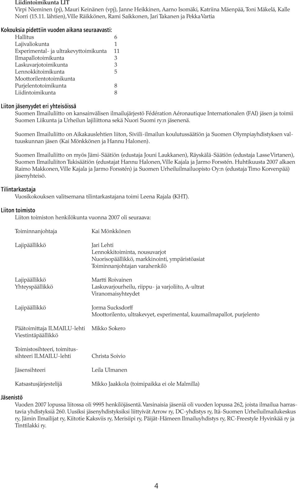 Ilmapallotoimikunta 3 Laskuvarjotoimikunta 3 Lennokkitoimikunta 5 Moottorilentotoimikunta Purjelentotoimikunta 8 Liidintoimikunta 8 Liiton jäsenyydet eri yhteisöissä Suomen Ilmailuliitto on